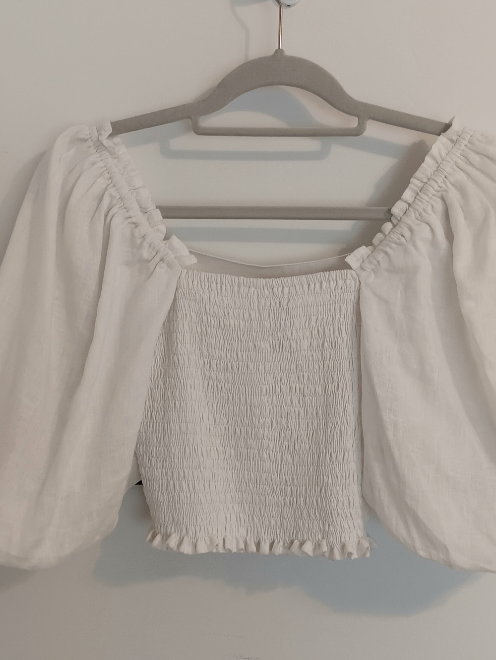 Faithfull the Brand Barnette White Linen Puff-Sleeve Square-Neck Crop Smock Top - Picture 9 of 12